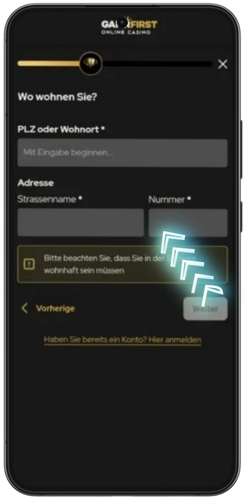 GamrFirst Wohnsitz Schweiz - PLZ und Adresse im Formular
