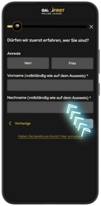 GamrFirst Anmeldeformular - Name und Ausweis eingeben